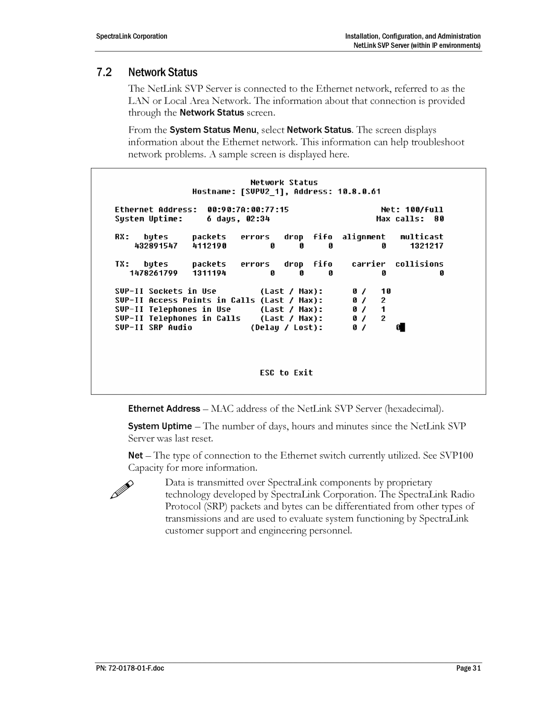 SpectraLink SVP100, SVP020, SVP010 manual Network Status 