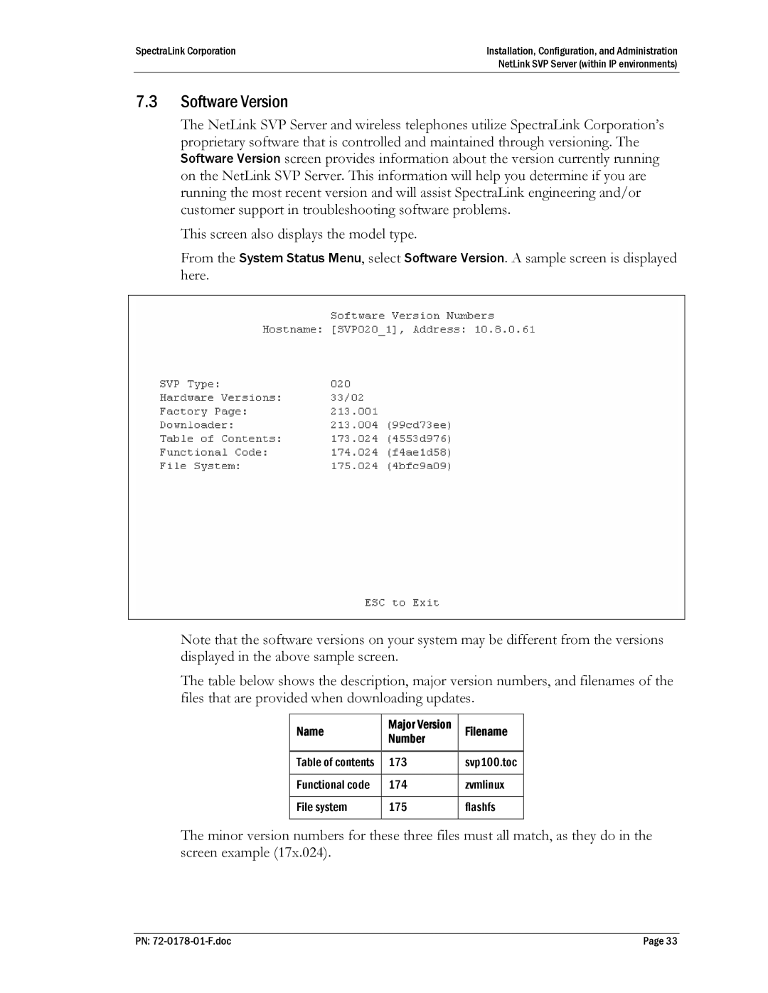 SpectraLink SVP020, SVP100, SVP010 manual Software Version 