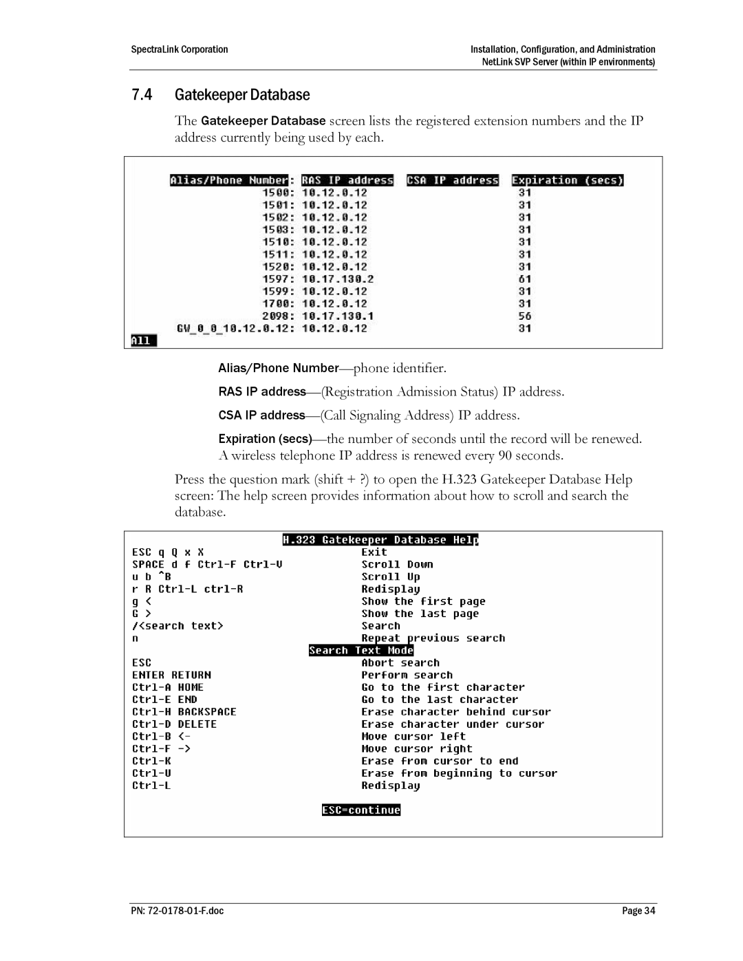 SpectraLink SVP100, SVP020, SVP010 manual Gatekeeper Database 