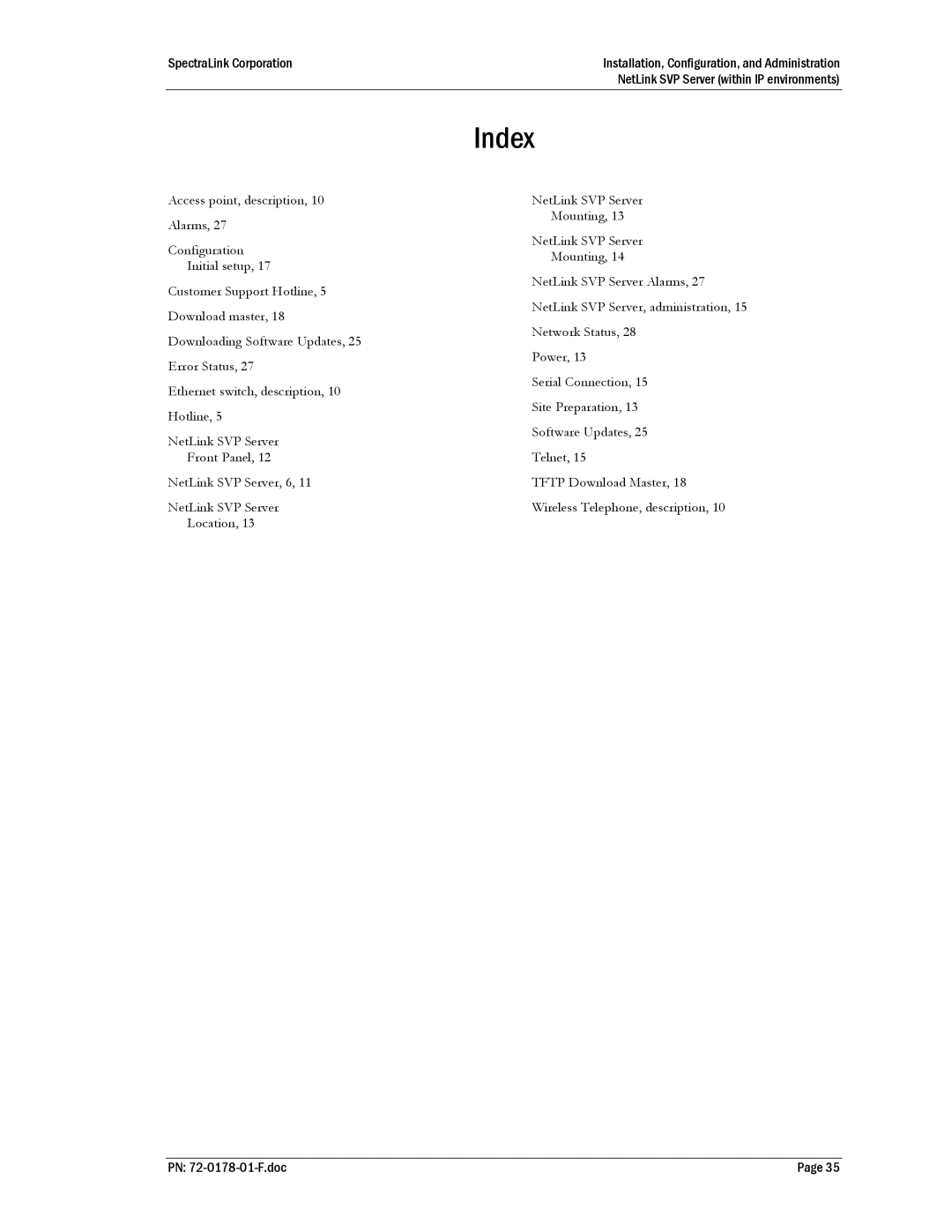 SpectraLink SVP010, SVP020, SVP100 manual Index 