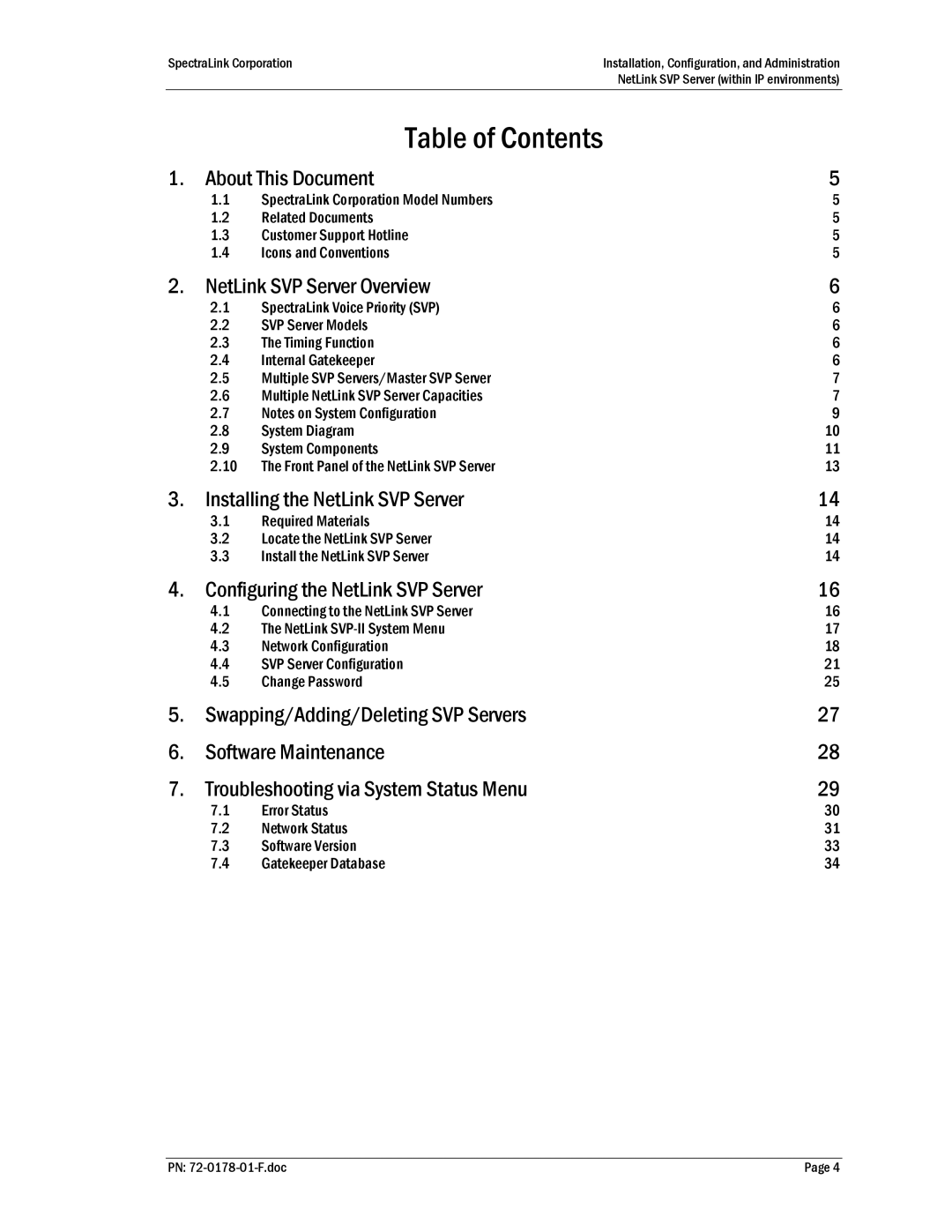 SpectraLink SVP100, SVP020, SVP010 manual Table of Contents 