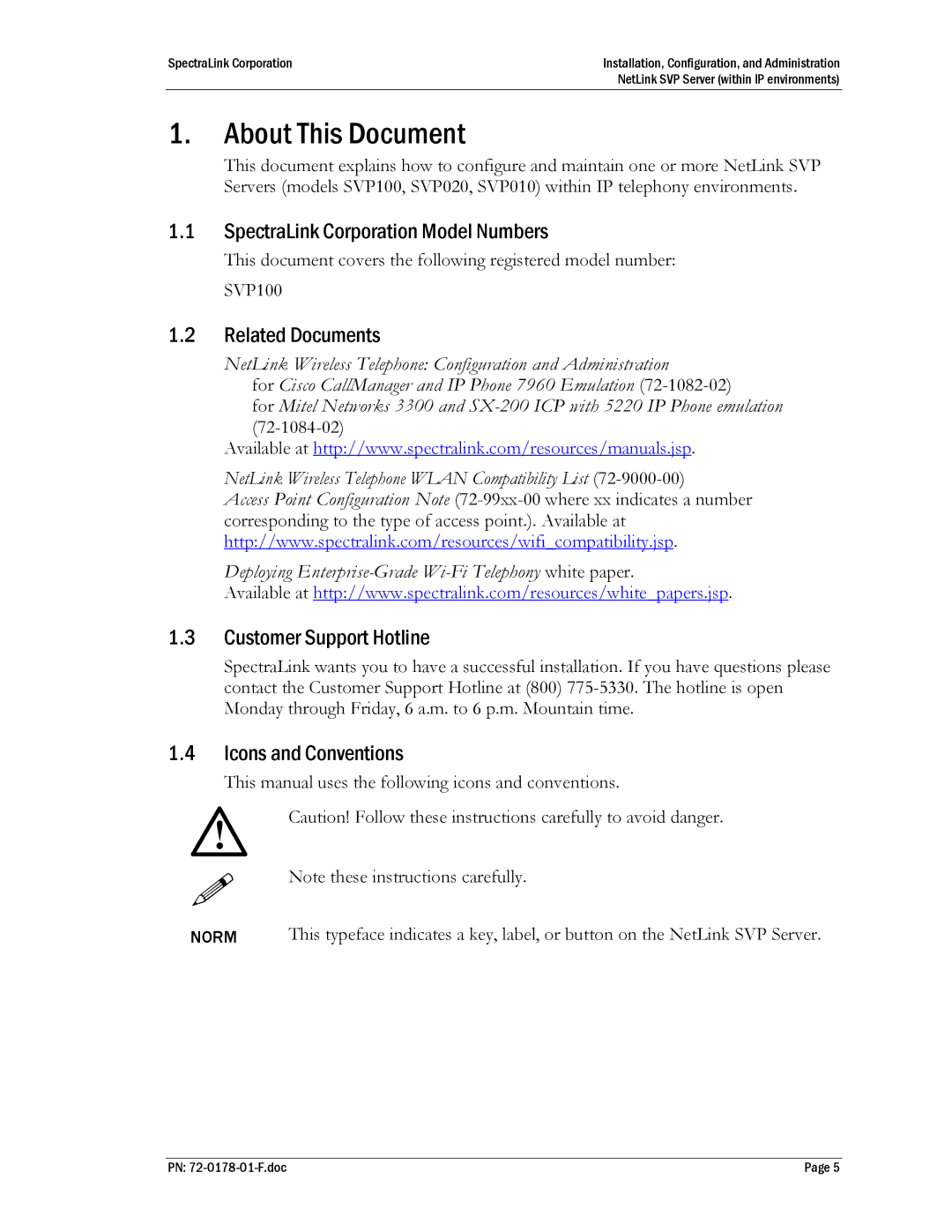 SpectraLink SVP010 About This Document, SpectraLink Corporation Model Numbers, Related Documents, Customer Support Hotline 