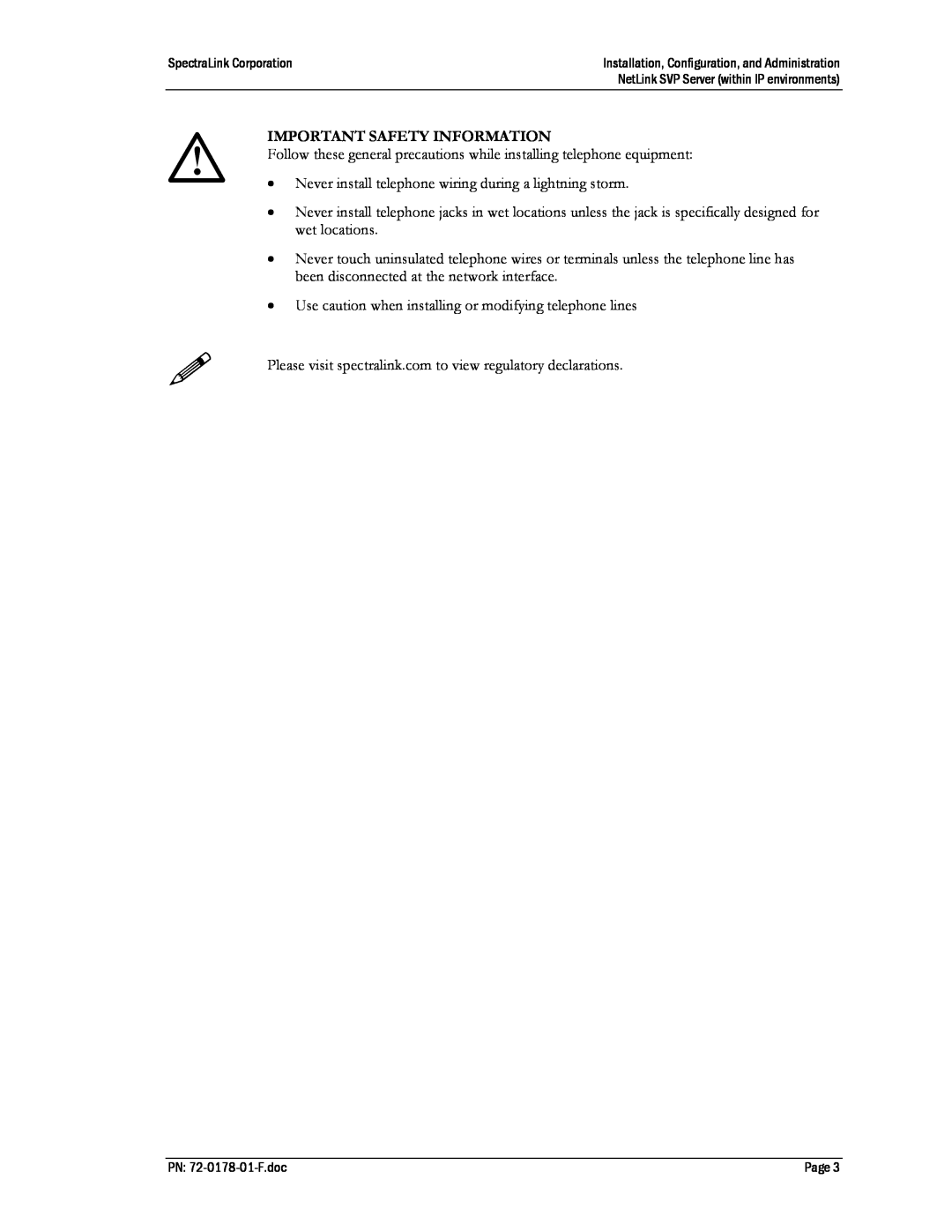 SpectraLink SVP020, SVP100, SVP010 manual Important Safety Information 