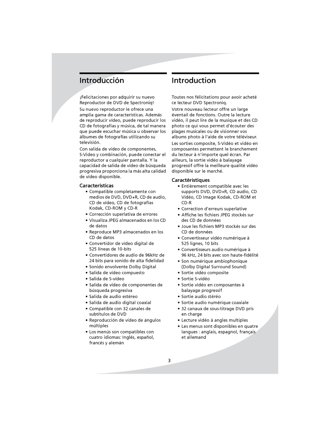 SpectronIQ PD-1100 user manual IntroducciónIntroduction, Características, Caractéristiques 