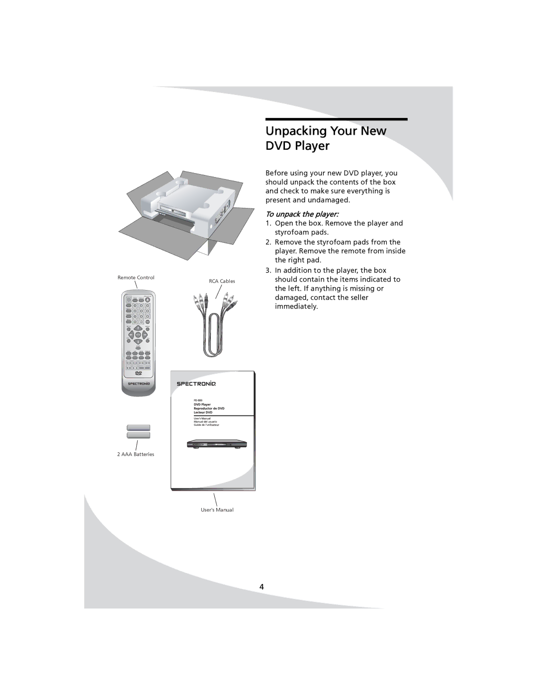 SpectronIQ PD-1100 user manual Unpacking Your New DVD Player, To unpack the player 