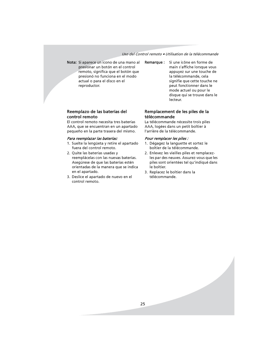 SpectronIQ PD-1100 user manual Reemplazo de las baterías del control remoto, Remplacement de les piles de la télécommande 