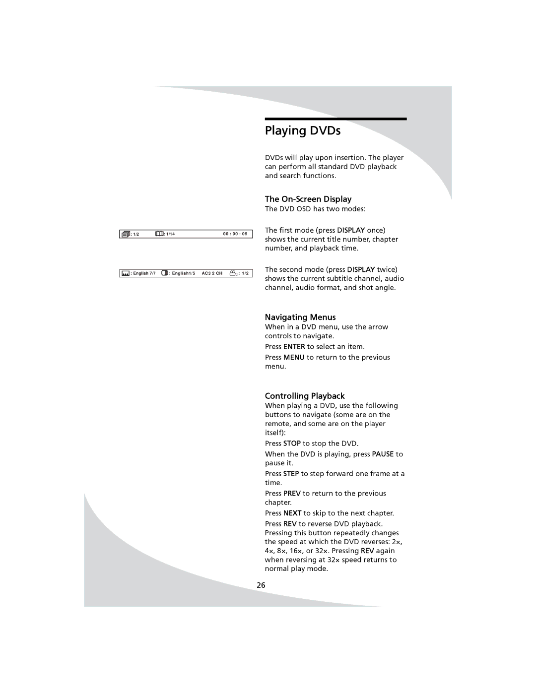 SpectronIQ PD-1100 user manual Playing DVDs, On-Screen Display, Navigating Menus, Controlling Playback 