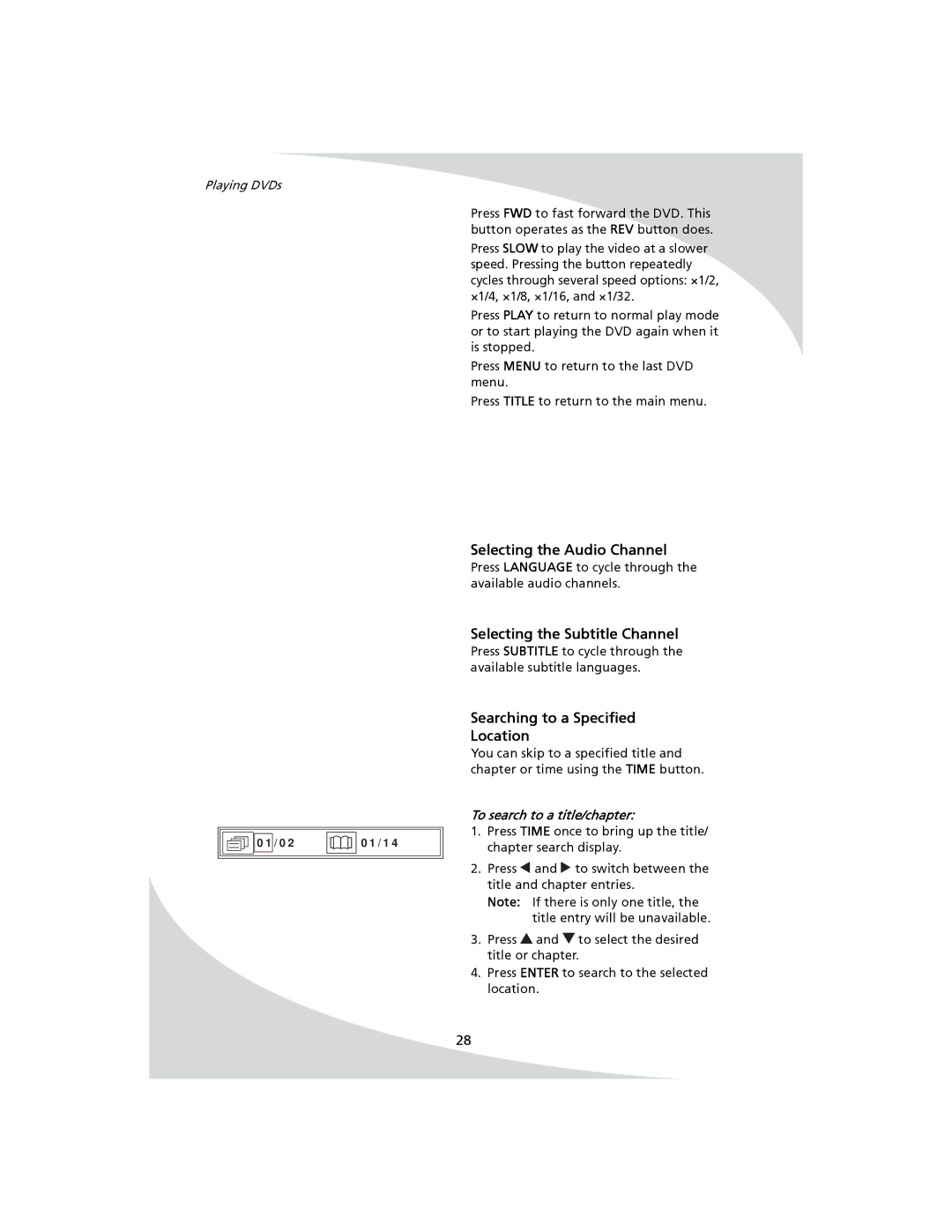 SpectronIQ PD-1100 Selecting the Audio Channel, Selecting the Subtitle Channel, Searching to a Specified Location 