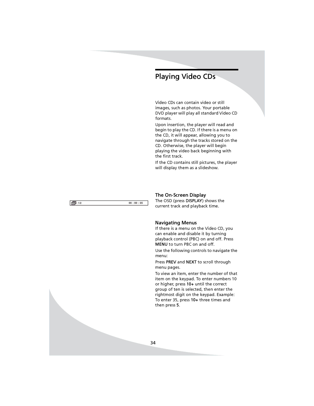 SpectronIQ PD-1100 user manual Playing Video CDs, On-Screen Display 