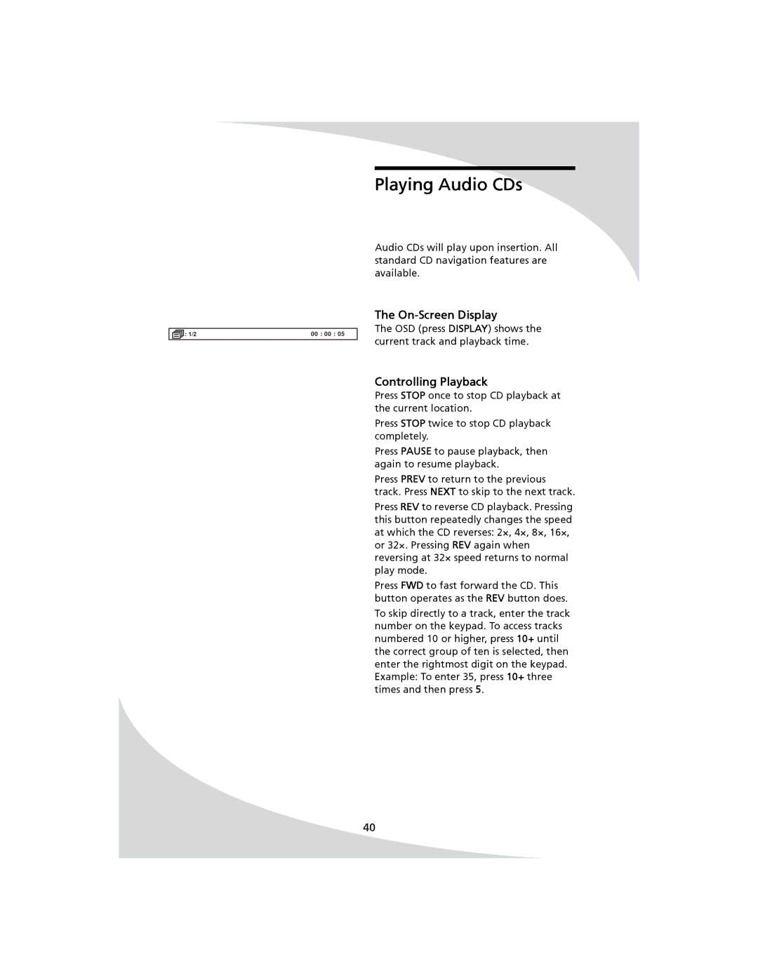 SpectronIQ PD-1100 user manual Playing Audio CDs, On-Screen Display 