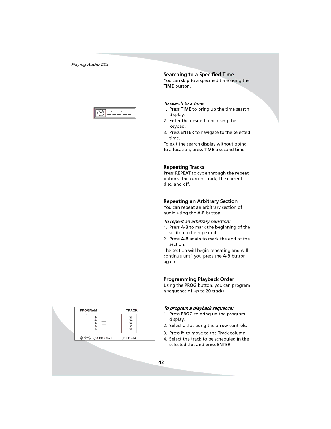 SpectronIQ PD-1100 user manual Searching to a Specified Time, Repeating Tracks, Playing Audio CDs 