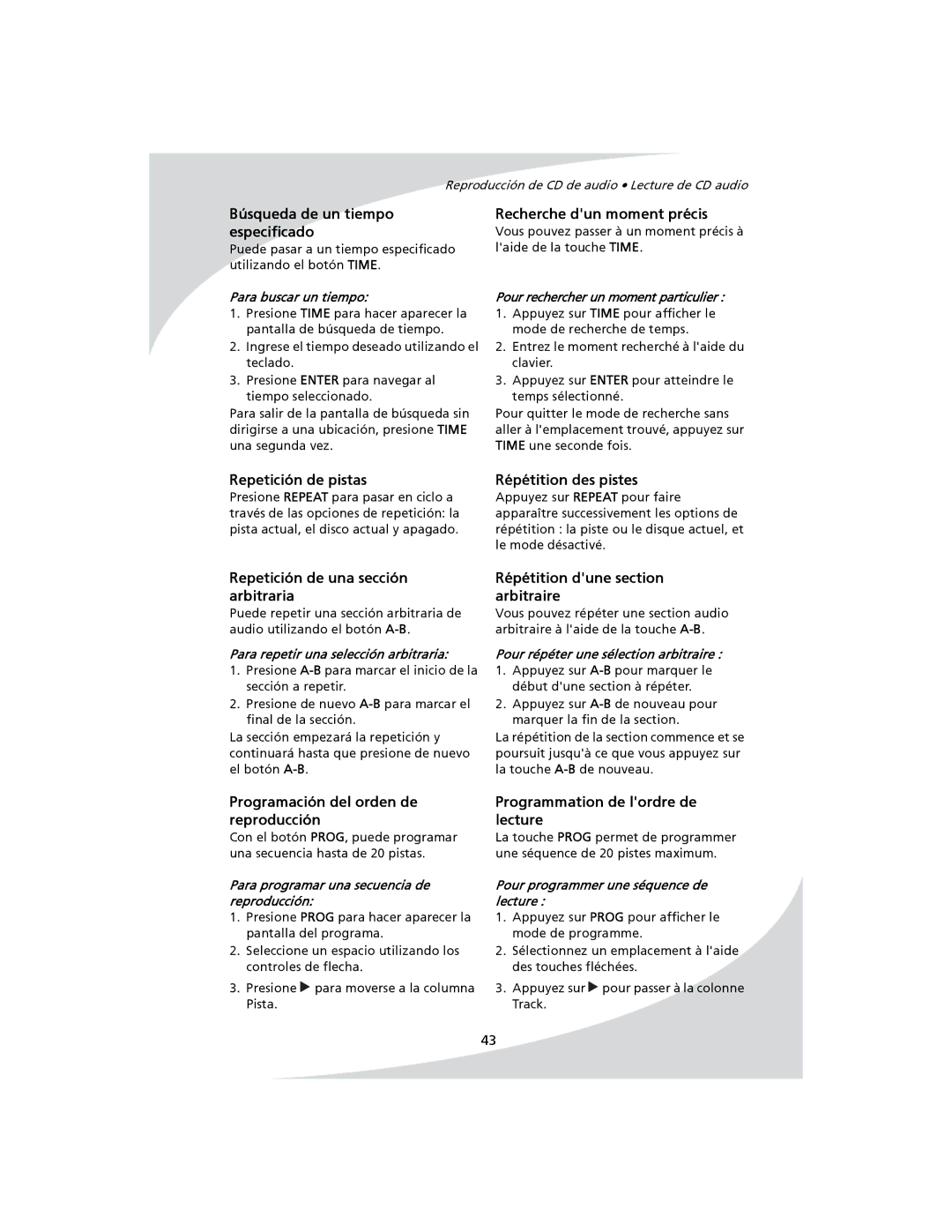 SpectronIQ PD-1100 user manual Búsqueda de un tiempo especificado, Recherche dun moment précis, Repetición de pistas 