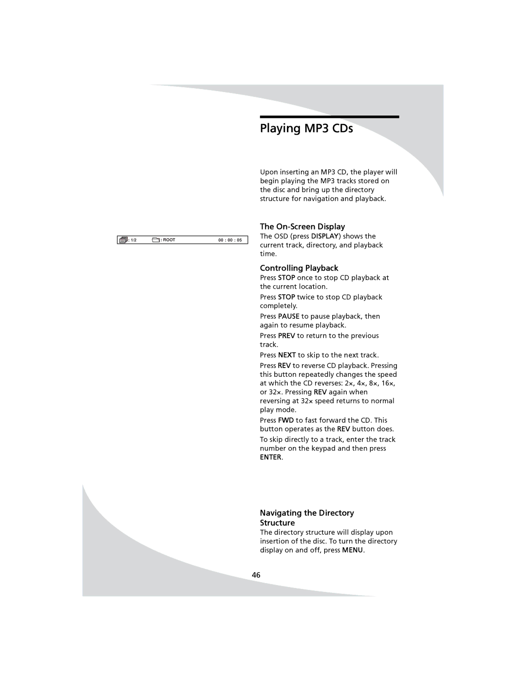 SpectronIQ PD-1100 user manual Playing MP3 CDs, Navigating the Directory Structure 