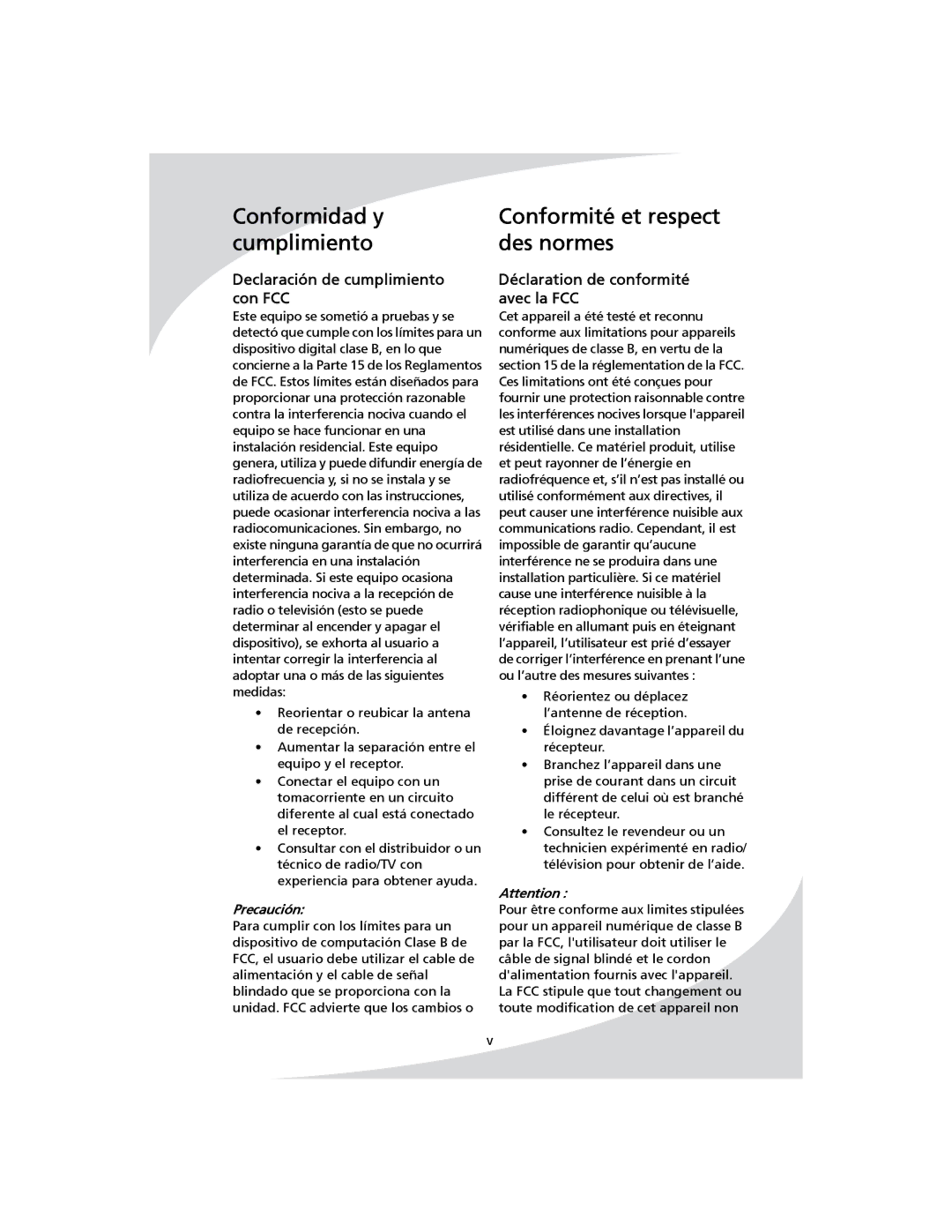 SpectronIQ PD-1100 user manual Conformité et respect des normes, Declaración de cumplimiento con FCC, Precaución 