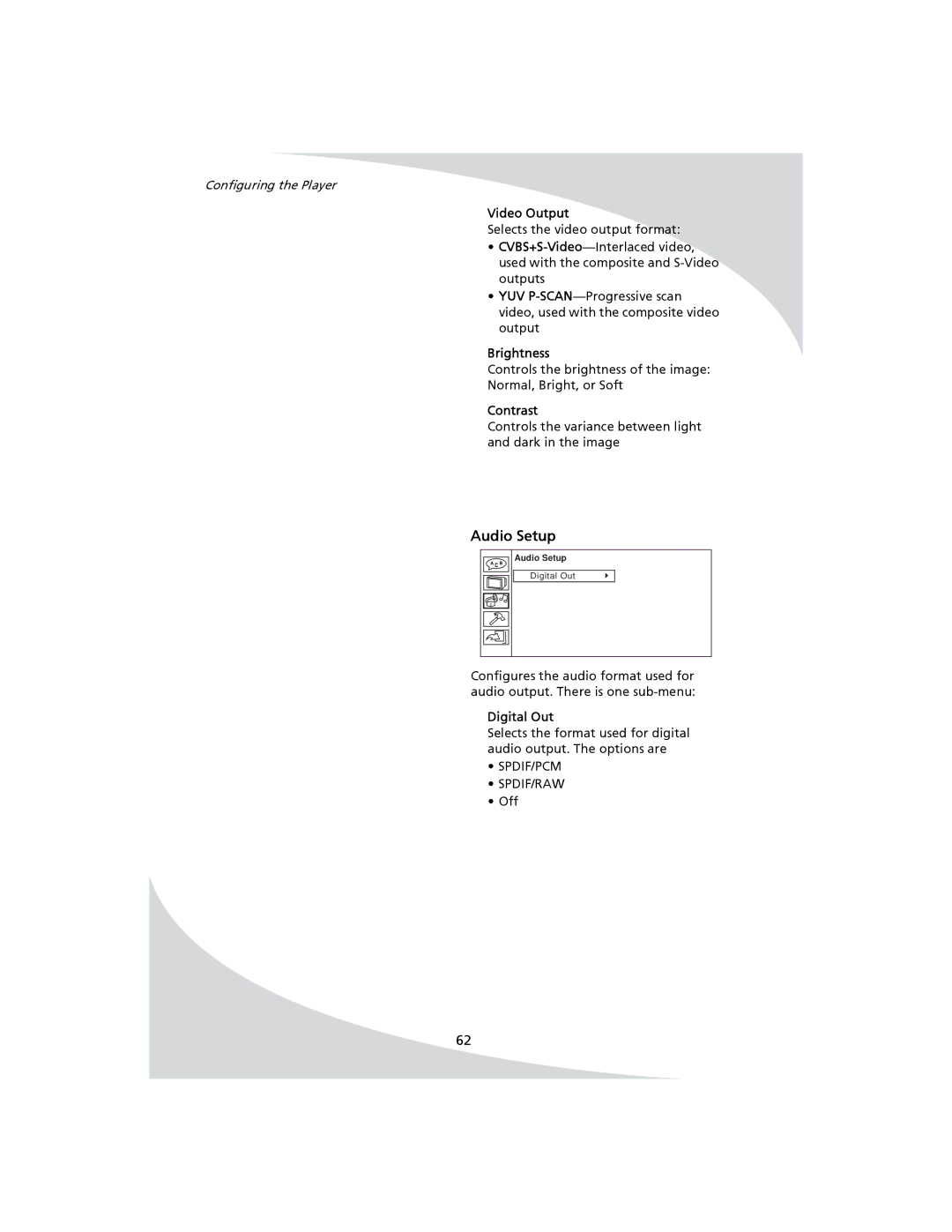 SpectronIQ PD-1100 user manual Audio Setup, Video Output 