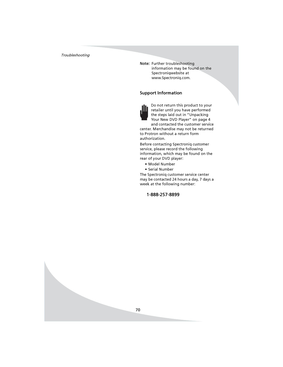 SpectronIQ PD-1100 user manual Support Information, Troubleshooting 