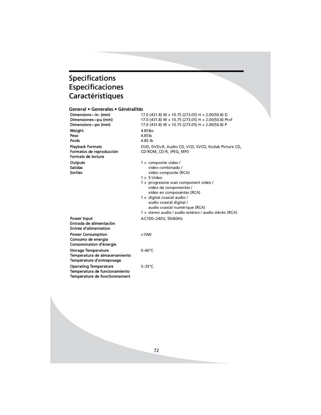 SpectronIQ PD-1100 user manual Specifications Especificaciones Caractéristiques, General Generales Généralités 