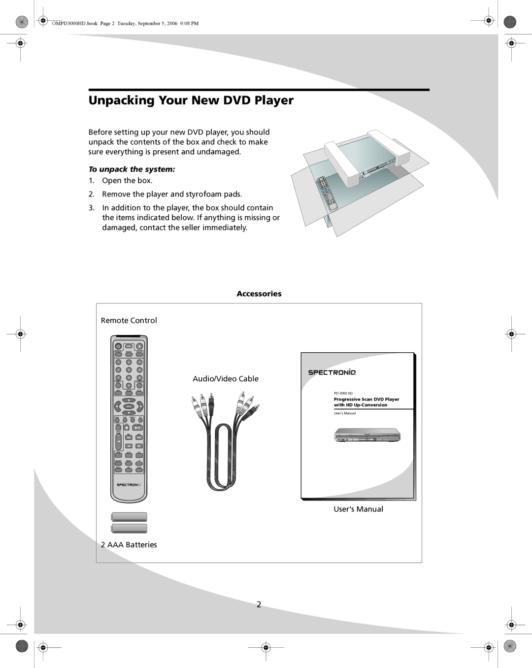 SpectronIQ PD-3000HD user manual Unpacking Your New DVD Player, To unpack the system, Accessories 