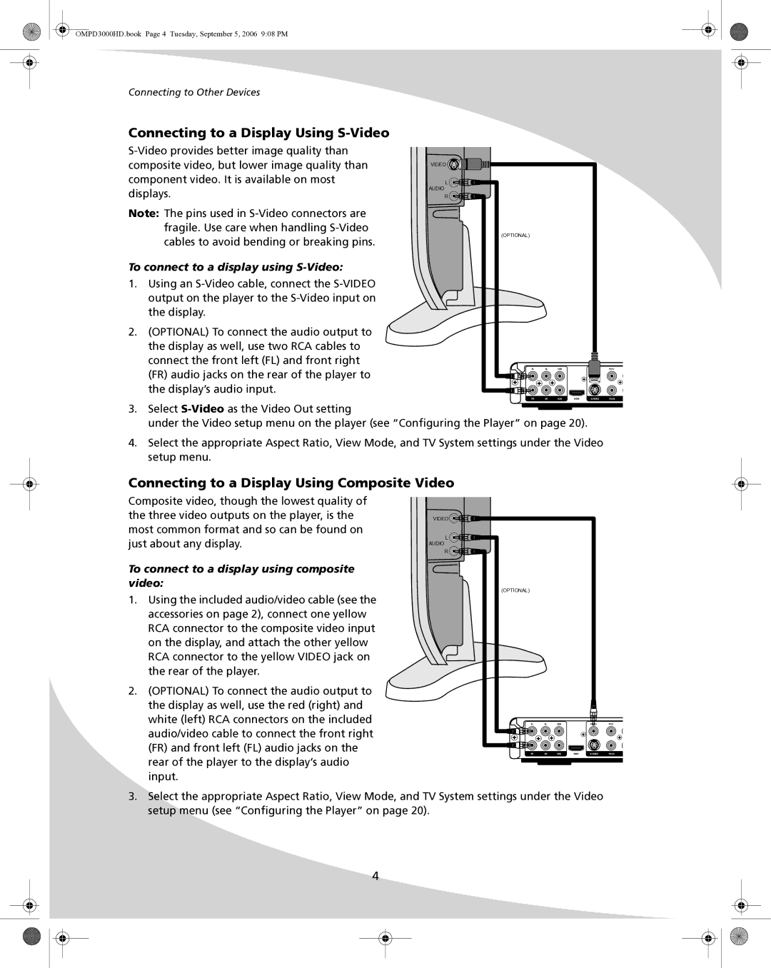 SpectronIQ PD-3000HD user manual Connecting to a Display Using S-Video, Connecting to a Display Using Composite Video 