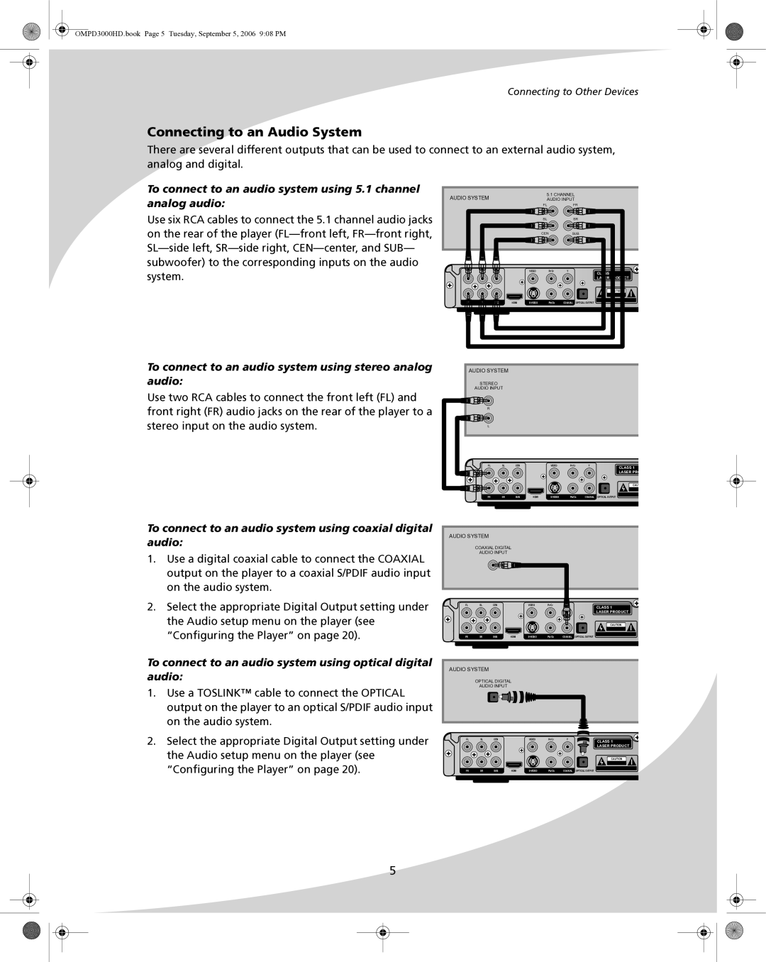 SpectronIQ PD-3000HD user manual Connecting to an Audio System, To connect to an audio system using stereo analog audio 