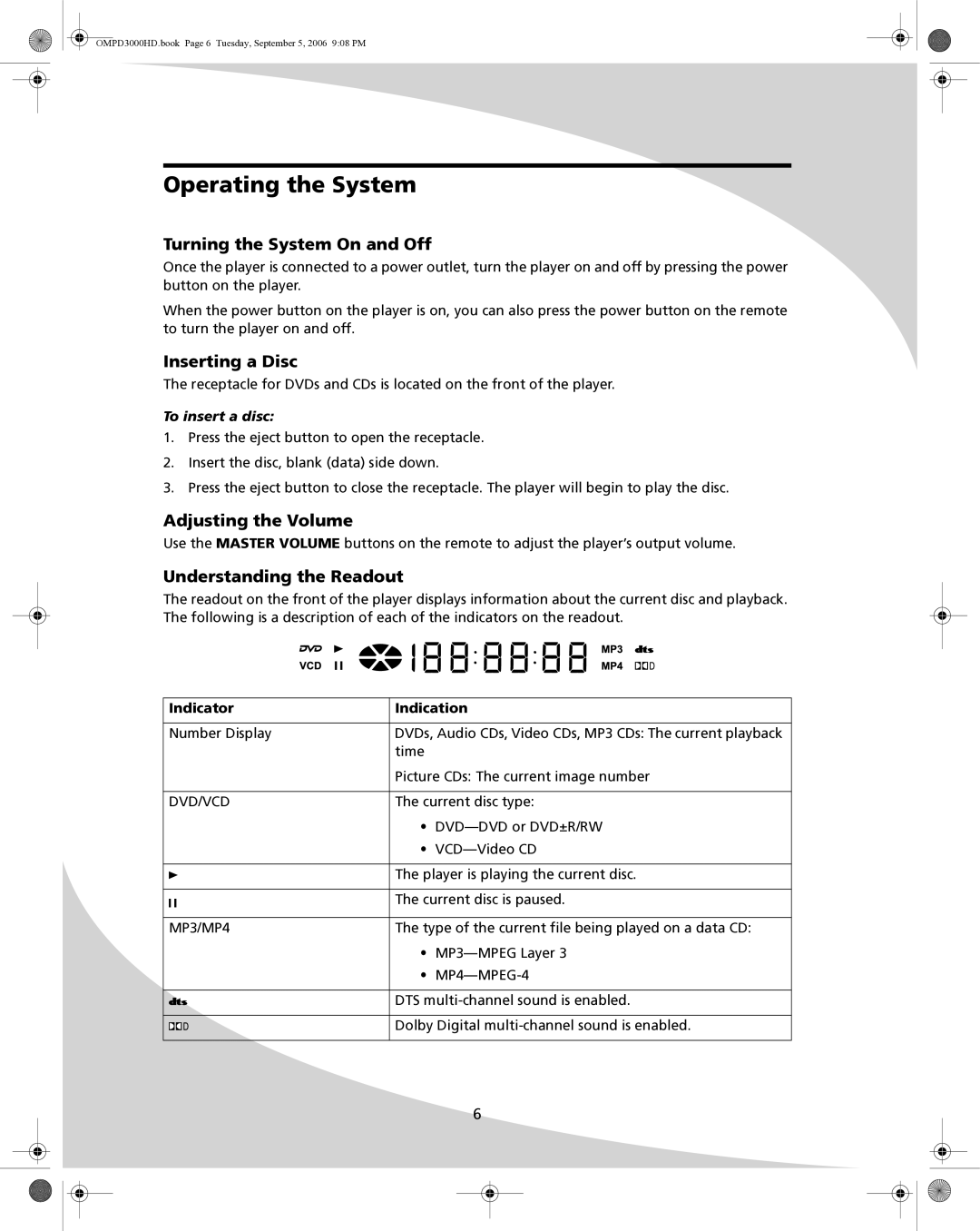 SpectronIQ PD-3000HD Operating the System, Turning the System On and Off, Inserting a Disc, Adjusting the Volume 