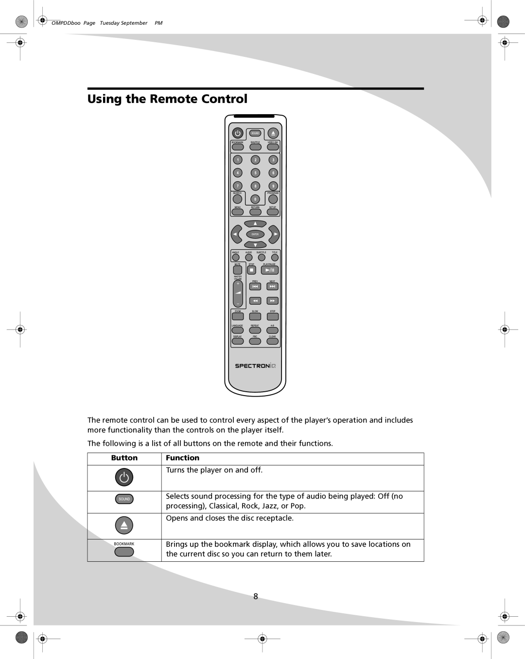 SpectronIQ PD-3000HD user manual Using the Remote Control, Button Function 