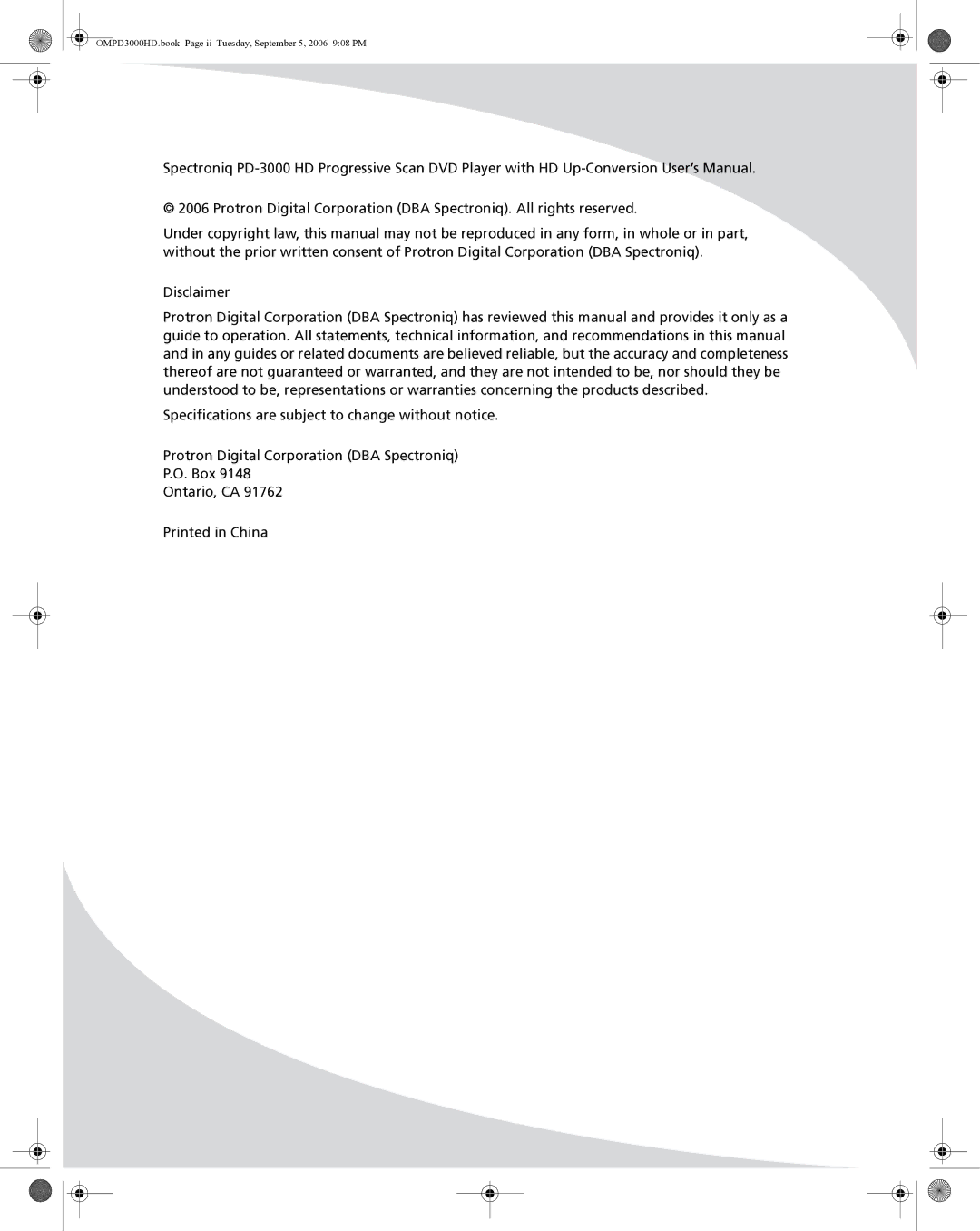 SpectronIQ PD-3000HD user manual OMPD3000HD.book Page ii Tuesday, September 5, 2006 908 PM 