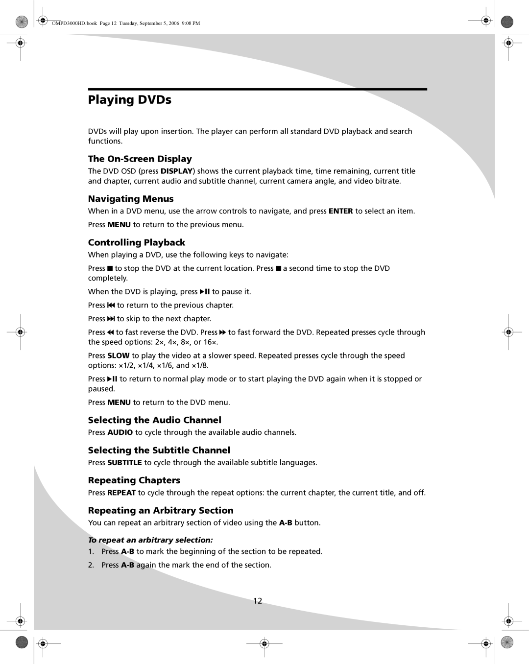 SpectronIQ PD-3000HD user manual Playing DVDs 