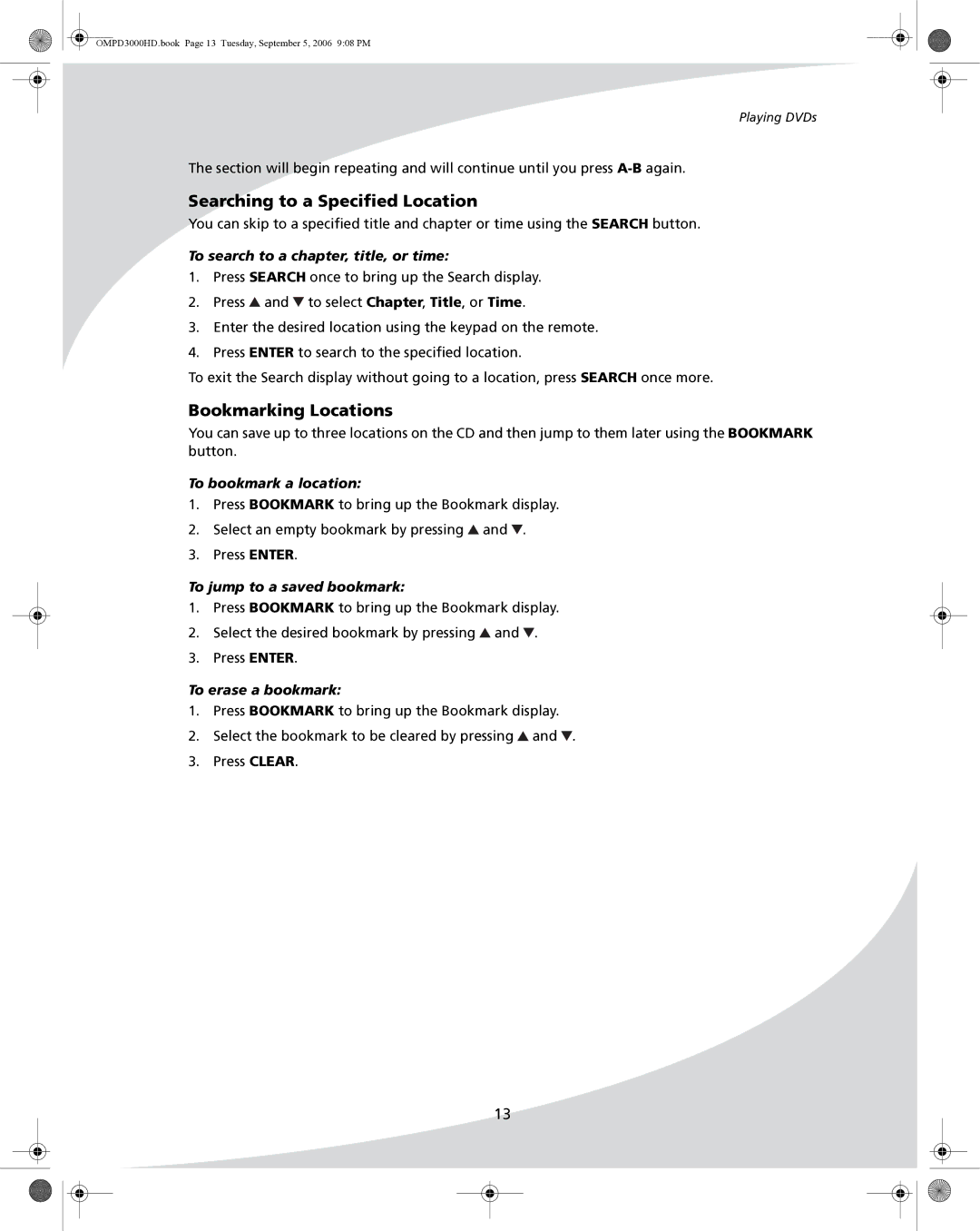 SpectronIQ PD-3000HD user manual Searching to a Specified Location, Bookmarking Locations 