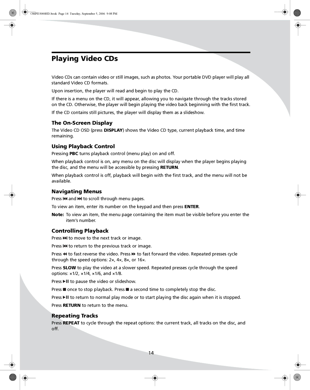 SpectronIQ PD-3000HD user manual Playing Video CDs, Using Playback Control, Repeating Tracks 