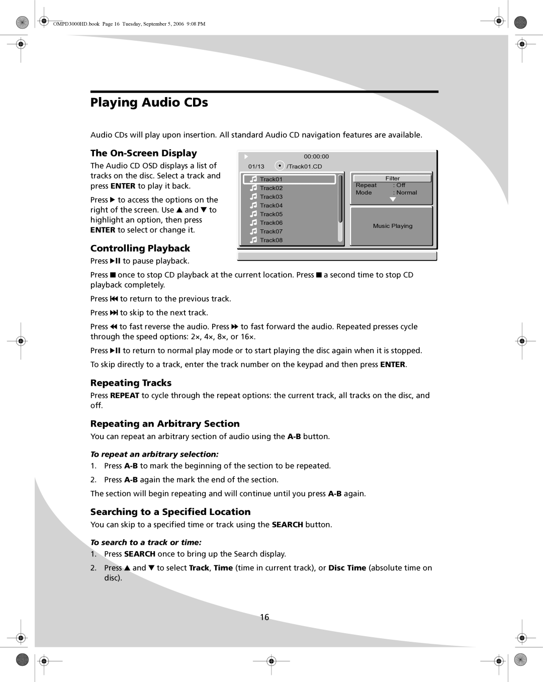 SpectronIQ PD-3000HD user manual Playing Audio CDs, To search to a track or time 