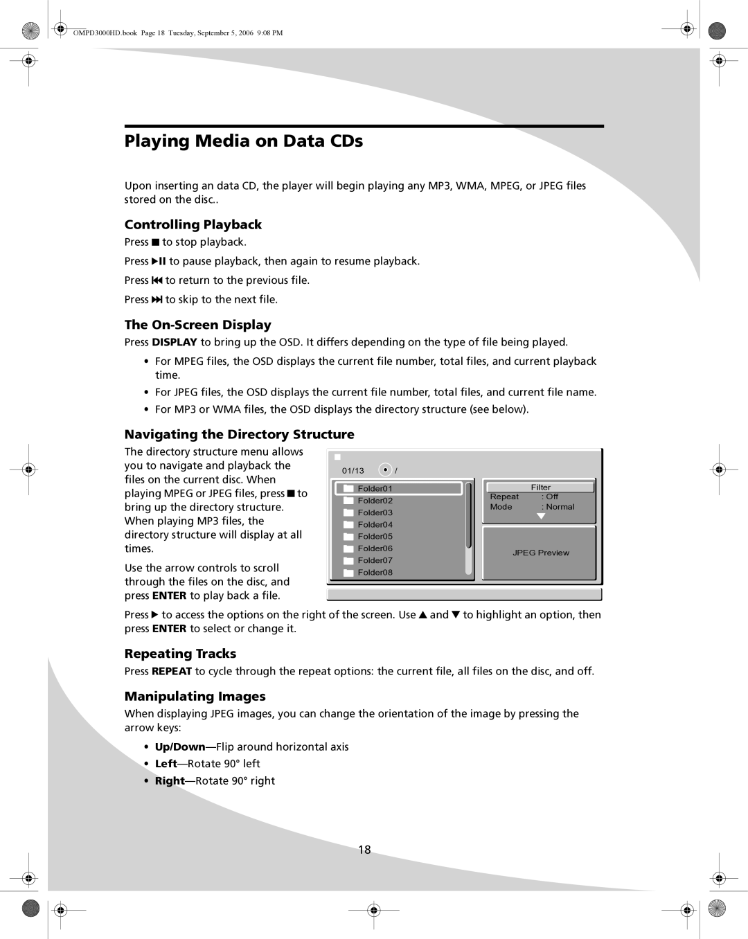 SpectronIQ PD-3000HD user manual Playing Media on Data CDs, Navigating the Directory Structure, Manipulating Images 