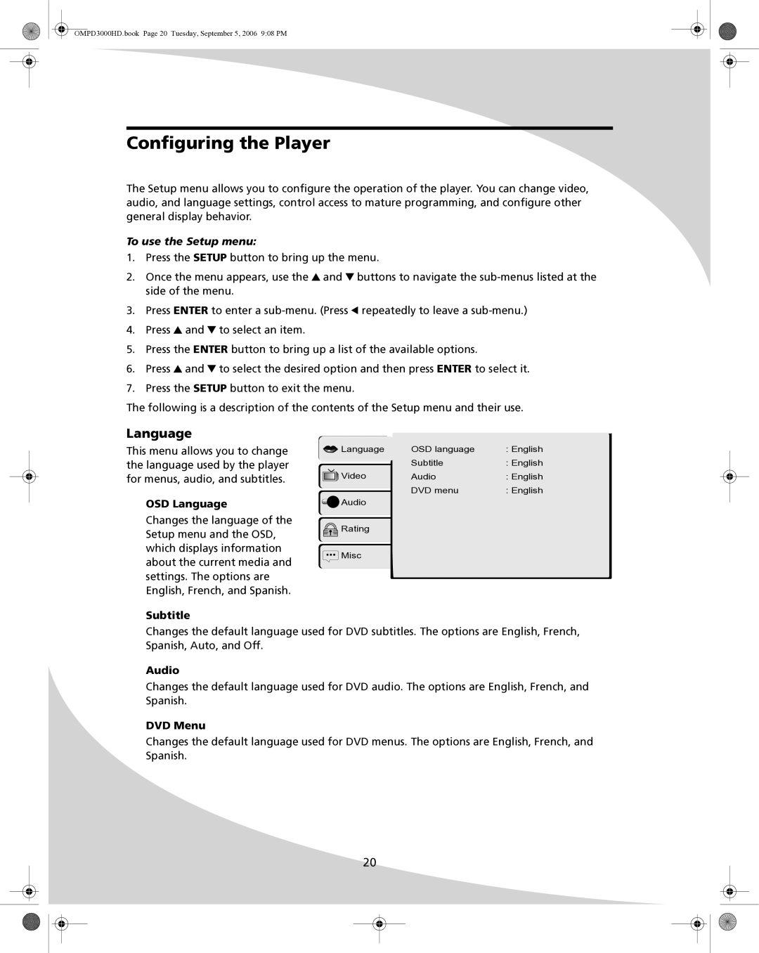 SpectronIQ PD-3000HD user manual Configuring the Player, Language, To use the Setup menu 