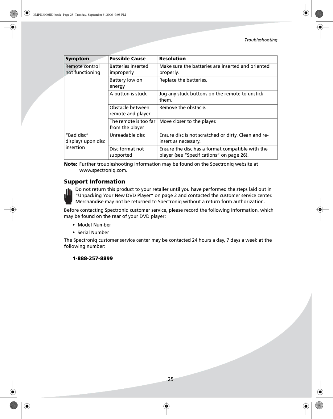 SpectronIQ PD-3000HD user manual Support Information 