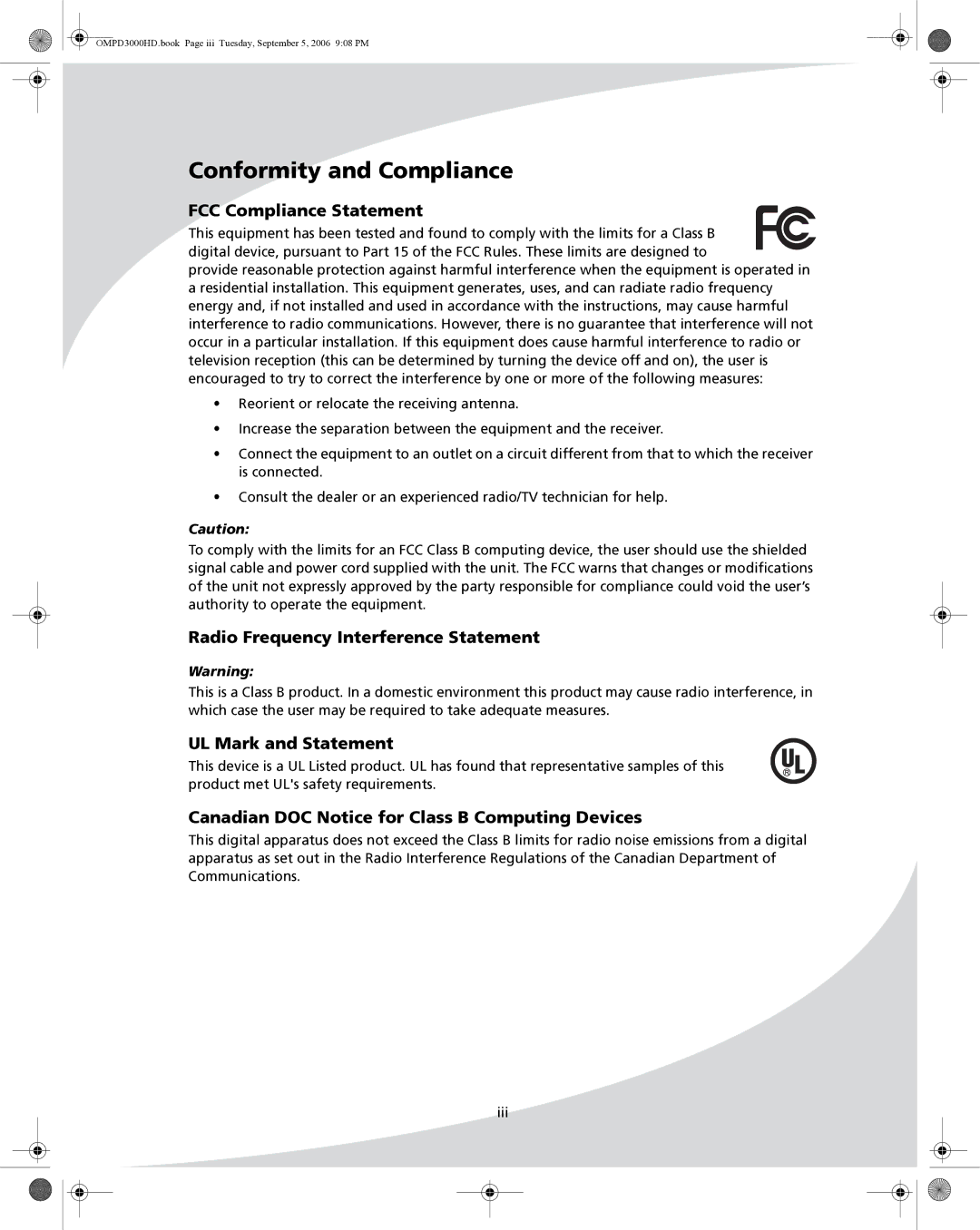 SpectronIQ PD-3000HD Conformity and Compliance, FCC Compliance Statement, Radio Frequency Interference Statement 