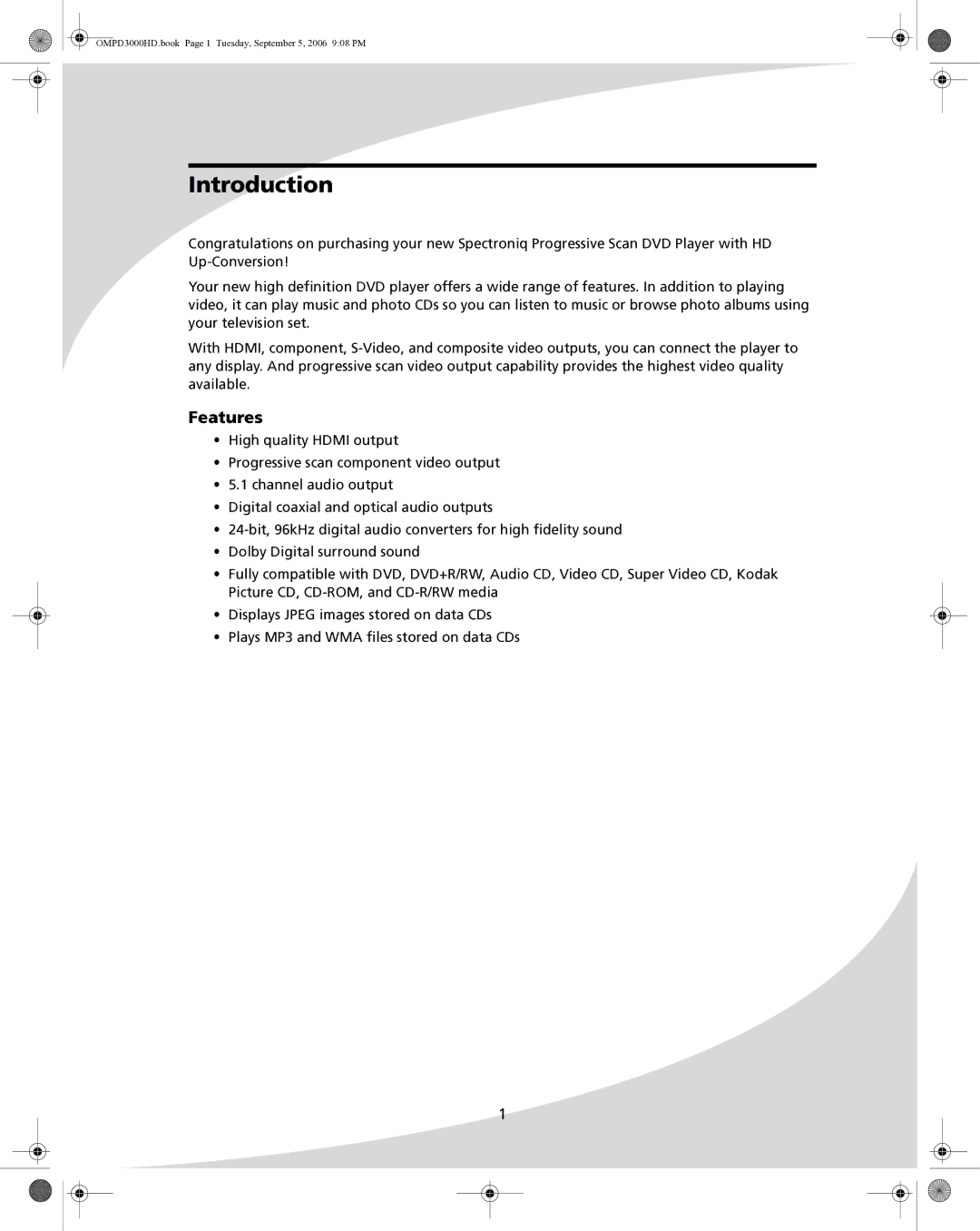 SpectronIQ PD-3000HD user manual Introduction, Features 