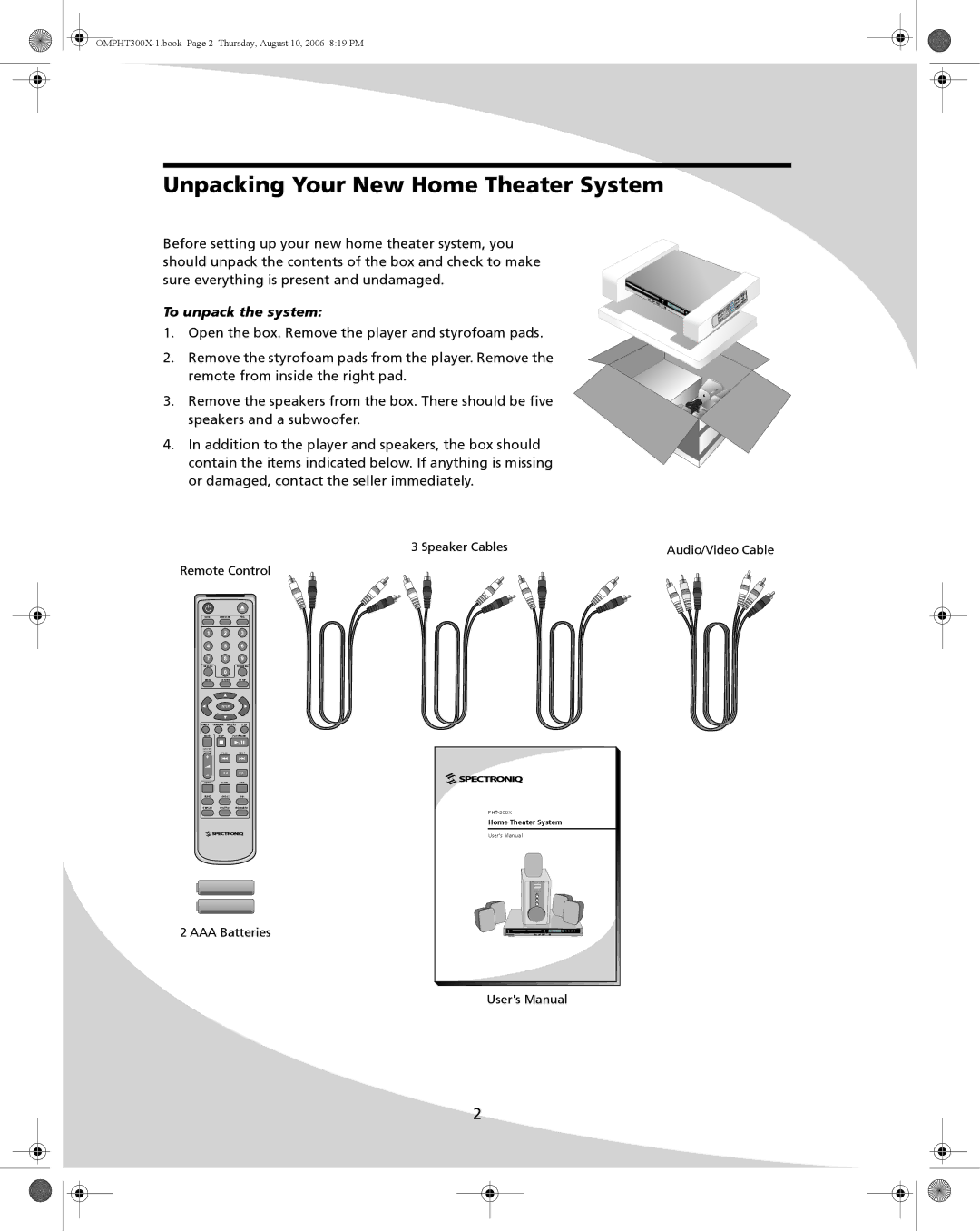 SpectronIQ PHT-300X user manual Unpacking Your New Home Theater System, To unpack the system 