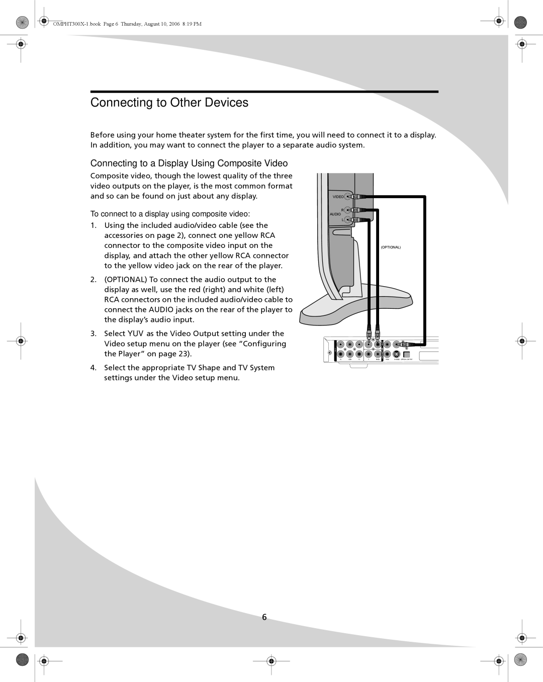 SpectronIQ PHT-300X user manual Connecting to Other Devices, Connecting to a Display Using Composite Video 