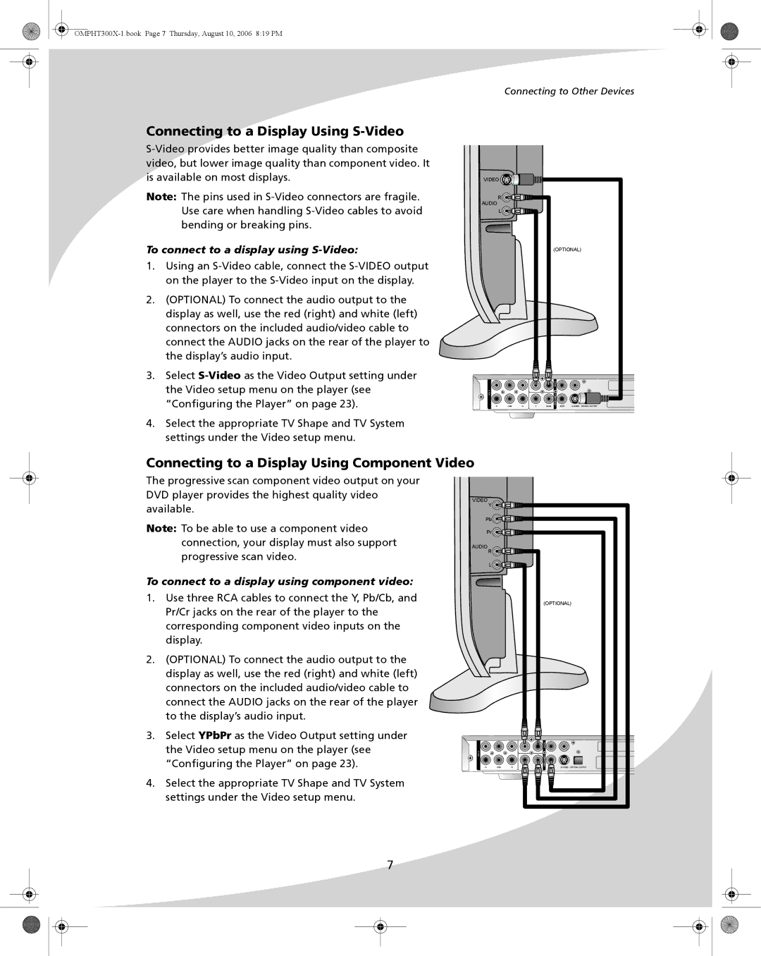 SpectronIQ PHT-300X user manual Connecting to a Display Using S-Video, Connecting to a Display Using Component Video 