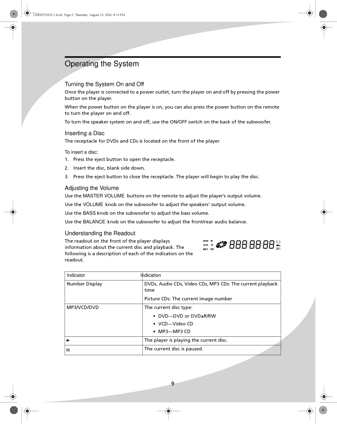 SpectronIQ PHT-300X user manual Operating the System, Turning the System On and Off, Inserting a Disc, Adjusting the Volume 