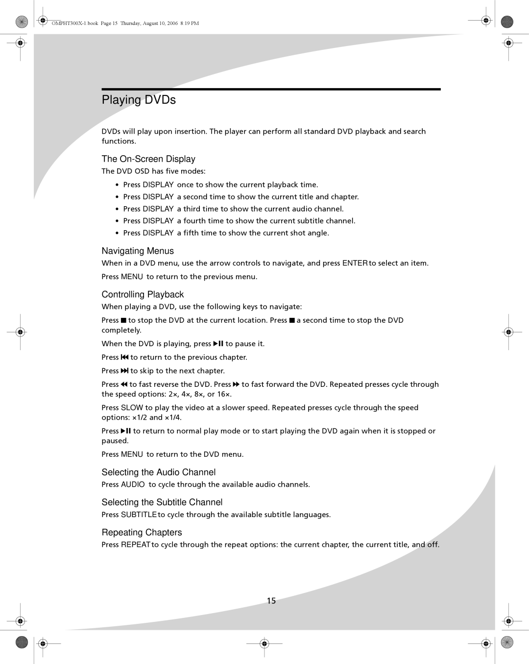 SpectronIQ PHT-300X user manual Playing DVDs 