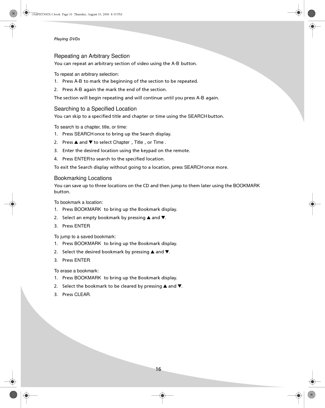 SpectronIQ PHT-300X user manual Repeating an Arbitrary Section, Searching to a Specified Location, Bookmarking Locations 