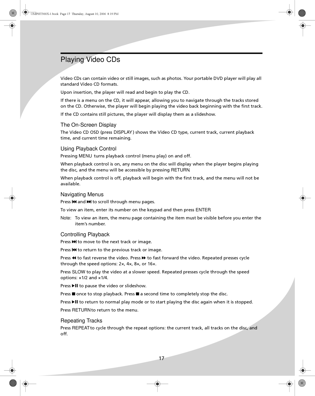 SpectronIQ PHT-300X user manual Playing Video CDs, Using Playback Control, Repeating Tracks 