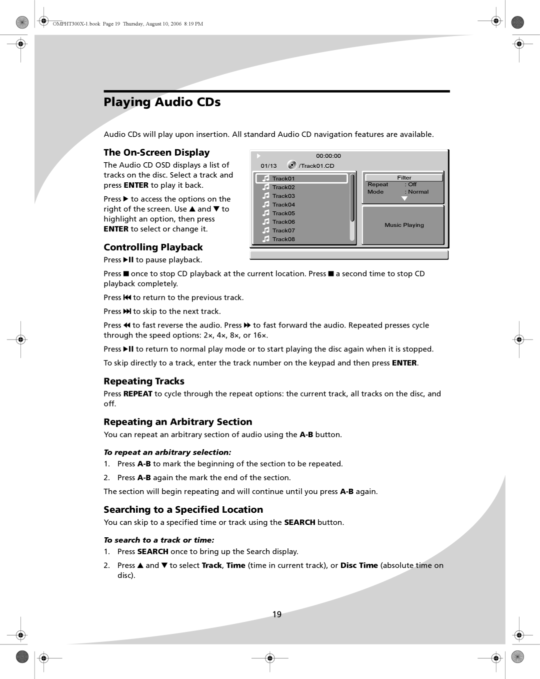 SpectronIQ PHT-300X user manual Playing Audio CDs, To search to a track or time 