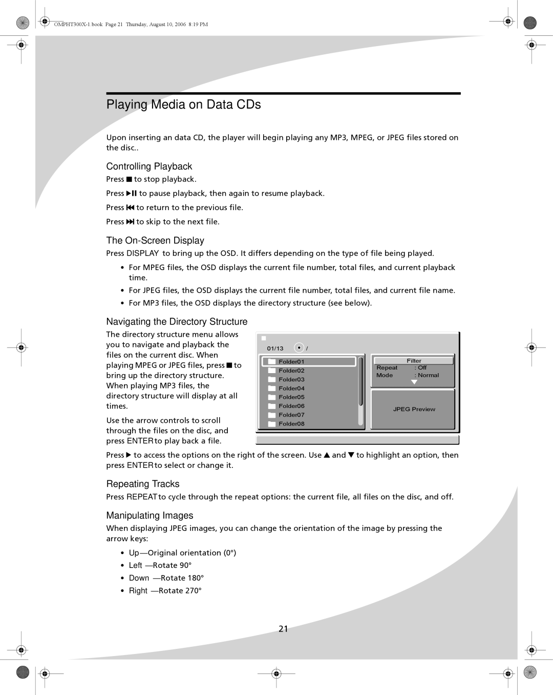 SpectronIQ PHT-300X user manual Playing Media on Data CDs, Navigating the Directory Structure, Manipulating Images 