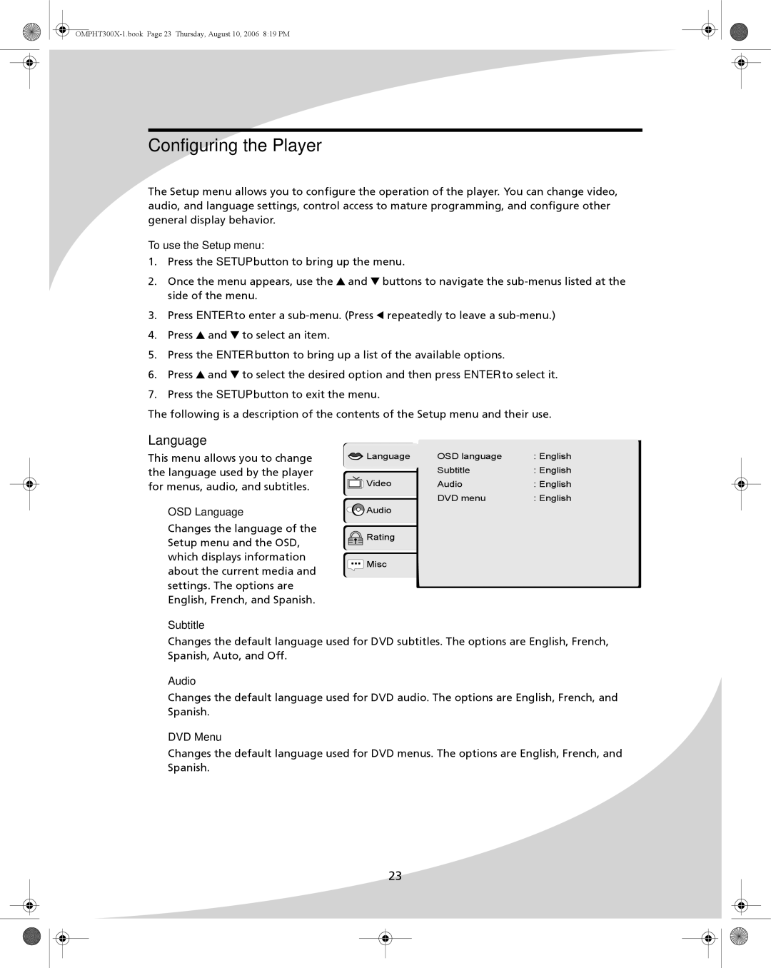 SpectronIQ PHT-300X user manual Configuring the Player, Language, To use the Setup menu 