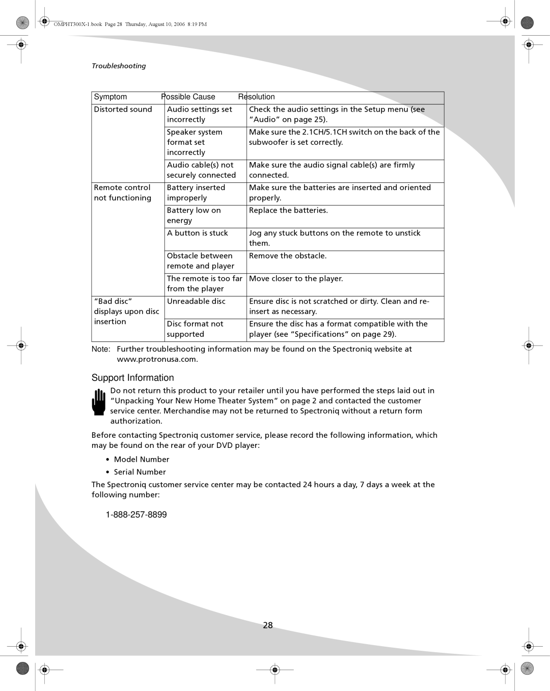 SpectronIQ PHT-300X user manual Support Information 