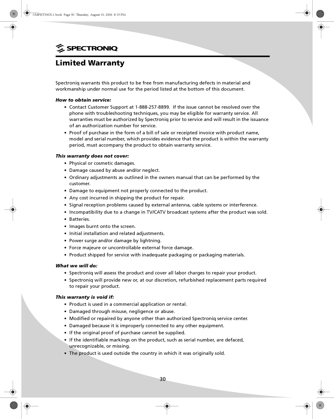 SpectronIQ PHT-300X user manual Limited Warranty, How to obtain service, This warranty does not cover, What we will do 