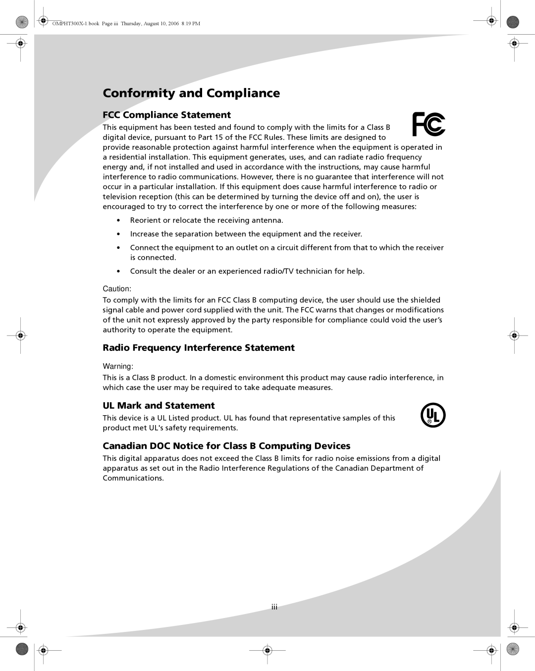 SpectronIQ PHT-300X user manual Conformity and Compliance, FCC Compliance Statement, Radio Frequency Interference Statement 