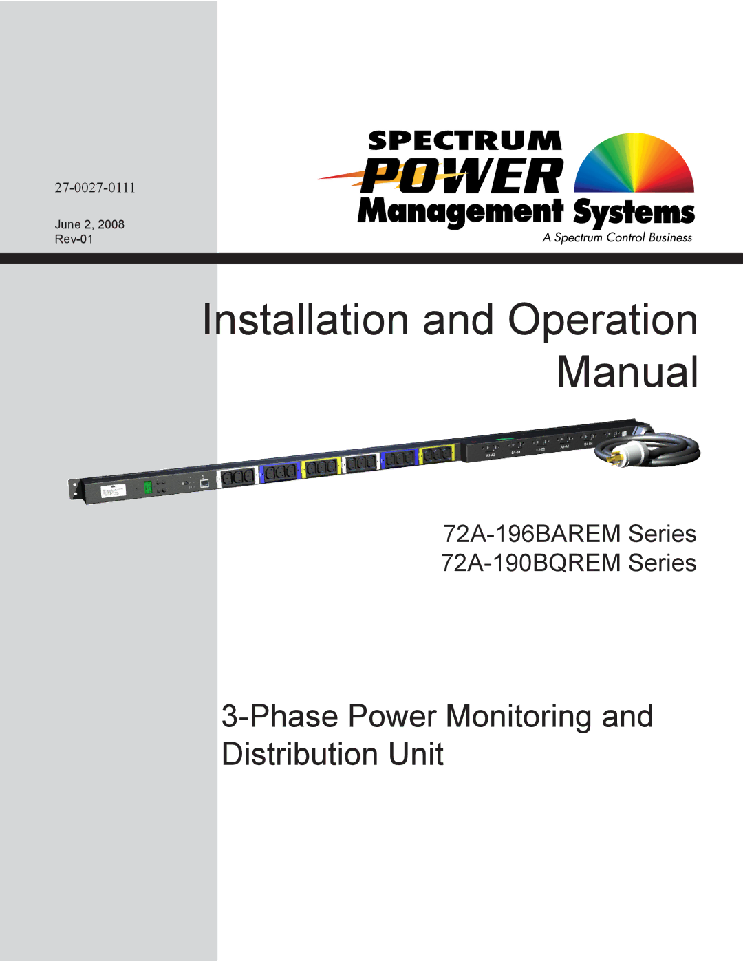 Spectrum Brands 72A-190BQREM Series, 72A-196BAREM Series operation manual Phase Power Monitoring and Distribution Unit 